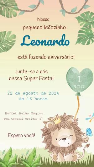 Convite Aniversário Leãozinho Aquarela para Editar Online
