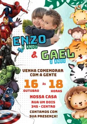 Convite Duplo Vingadores e Safari com Foto para Editar Online