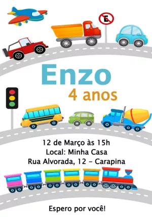 Convite Aniversário Carrinhos e Transportes para Editar Online