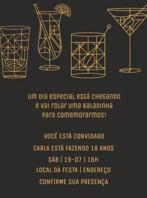 Convite de Aniversário Balada Drinks Dourados para Editar