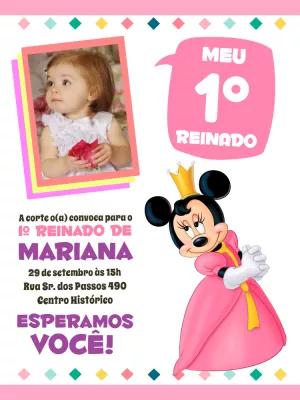 Convite Primeiro Reinado da Minnie com Foto para Editar Online