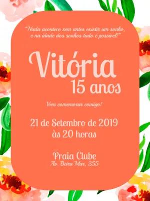 Convite de 15 Anos Floral Laranja para Editar Online