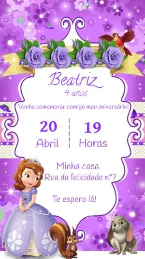 Convite Aniversário Princesa Sofia Roxo para Editar Online