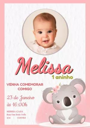 Convite Aniversário Coala com Foto para Editar Online