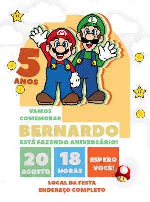 Convite de Aniversário Super Mario e Luigi para Editar Online