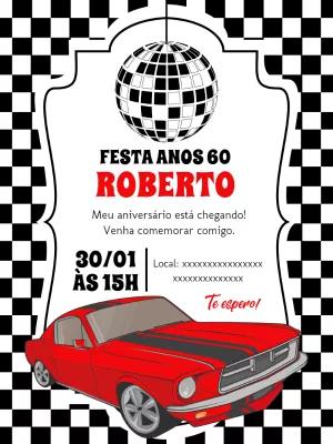 Convite Aniversário Anos 60 com Carro Clássico para Editar