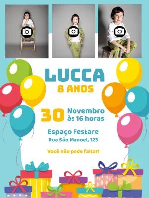 Convite de Aniversário Balões com Foto para Editar Online