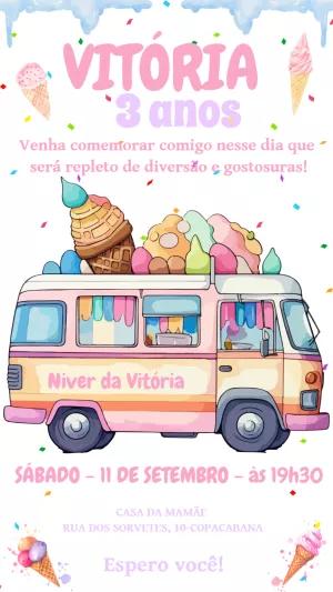 Convite de Aniversário Sorveteria Fofa Editável Online