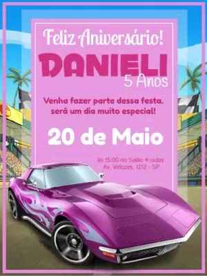 Convite de Aniversário Hot Wheels Rosa para Editar Online