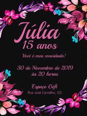 Convite de 15 Anos Floral Preto e Rosa para Editar Online
