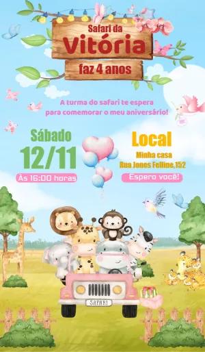Convite Aniversário Safari Rosa Menina para Editar Online