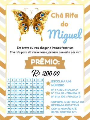 Convite Chá Rifa Menino Borboleta Dourada para Editar