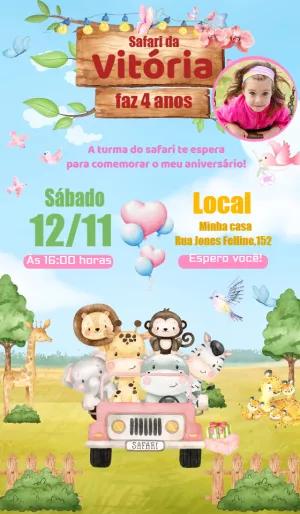 Convite de Aniversário Safari Rosa com Foto para Editar