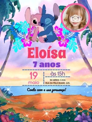 Convite Aniversário Stitch e Angel com Foto para Editar