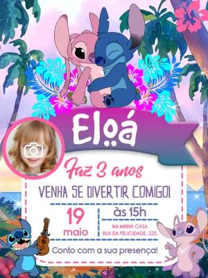 Convite Aniversário Stitch e Angel com Foto para Editar Online