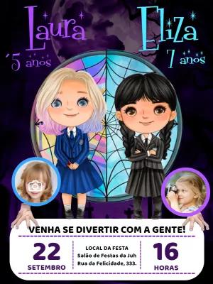 Convite Aniversário Duplo Wandinha e Enid com Foto para Editar