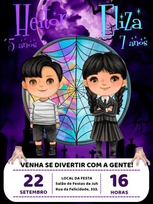 Convite Aniversário Duplo Wandinha e Feioso para Editar Online