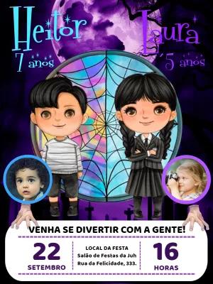 Convite Aniversário Duplo Wandinha e Feioso com Foto para Editar