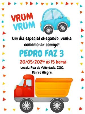 Convite de Aniversário Carrinhos e Caminhões para Editar
