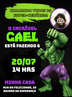 Convite Aniversário Hulk com Foto para Editar Online