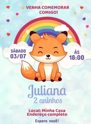 Convite Aniversário Raposinha e Arco-íris para Editar Online