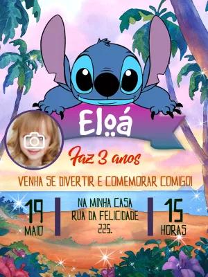 Convite Aniversário Stitch com Foto para Editar Online