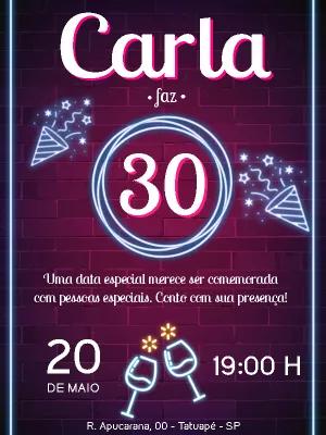 Convite de Aniversário Neon Led Editável para Festa Adulto