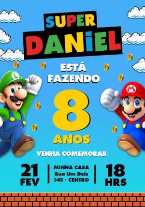 Convite de Aniversário Super Mario e Luigi Editável Online