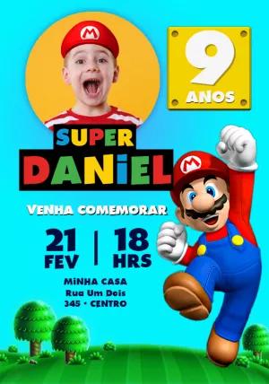 Convite Aniversário Super Mario com Foto para Editar Online