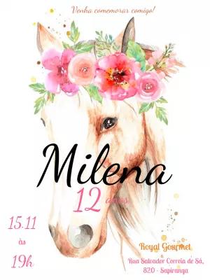 Convite de Aniversário Cavalo Aquarela Floral para Editar Online
