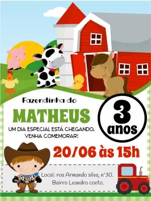 Convite de Aniversário Fazendinha Menino para Editar Online