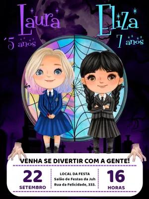 Convite Aniversário Duplo Wandinha e Enid para Editar Online