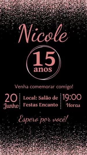 Convite 15 Anos Glitter Preto e Rosé para Editar Online