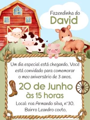 Convite Aniversário Fazendinha com Bichinhos para Editar Online