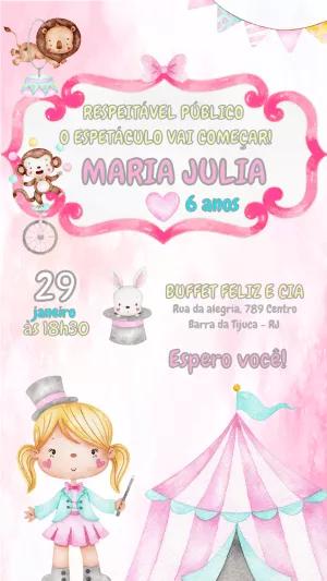 Convite Aniversário Circo Aquarela Rosa Editável Online