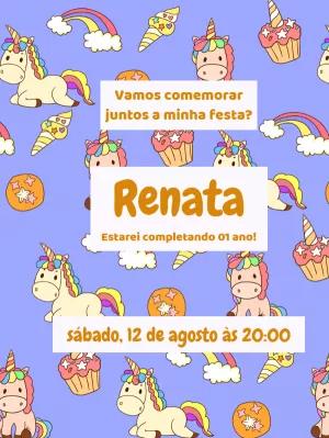 Convite de Aniversário Unicórnio Fofo e Mágico para Editar