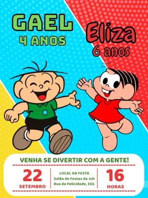 Convite Aniversário Duplo Turma da Mônica para Editar Online