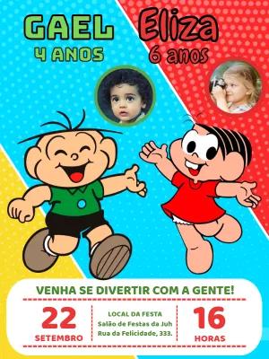 Convite Aniversário Duplo Turma da Mônica com Foto para Editar