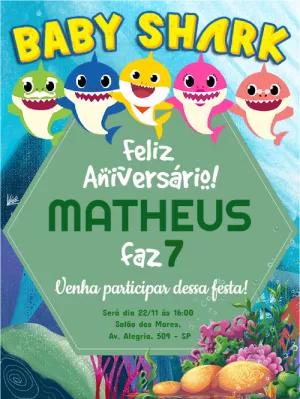 Convite de Aniversário Baby Shark com Personagens para Editar