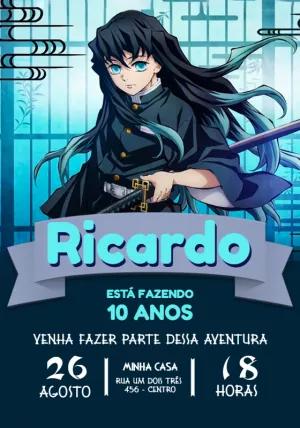 Convite Aniversário Demon Slayer Tokito para Editar Online