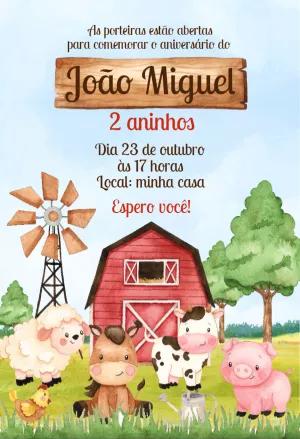 Convite Aniversário Fazendinha com Animais para Editar Online