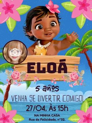 Convite Aniversário Moana Baby com Foto para Editar Online