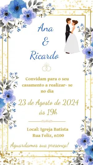 Convite de Casamento Floral Azul e Dourado para Editar Online