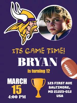 Vikings Football Birthday Invitation with Photo to Edit Online