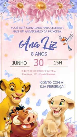 Convite Aniversário Rei Leão Rosa da Princesa para Editar