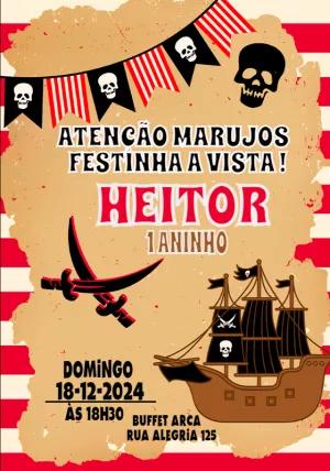 Convite de Aniversário Pirata com Navio e Tesouro para Editar