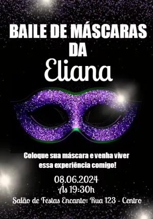 Convite Aniversário Baile de Máscaras Roxo com Glitter Editável