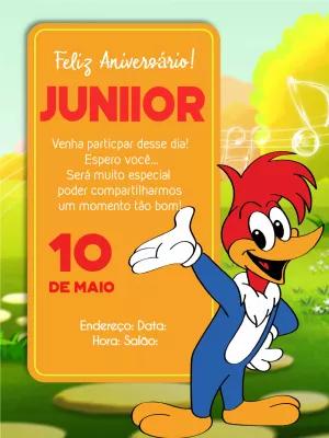 Convite de Aniversário Pica Pau para Editar Online