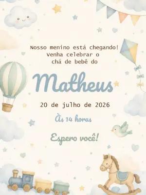 Convite Chá de Bebê Menino Aquarela para Editar