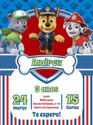 Convite de Aniversário Patrulha Canina com Chase e Amigos para Editar